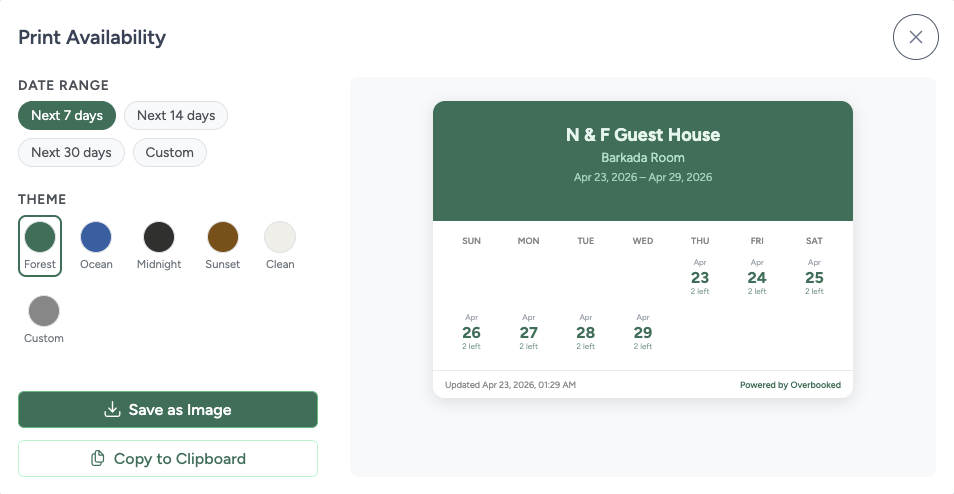 Print Availability Cards feature showing date range selector, color themes, and a branded availability card