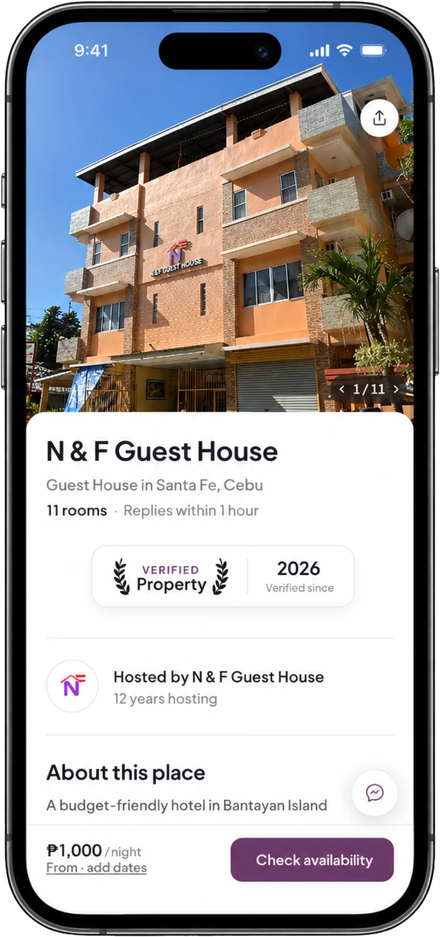 N & F Guest House booking website on a phone, showing photos, the nightly price and a Check availability button